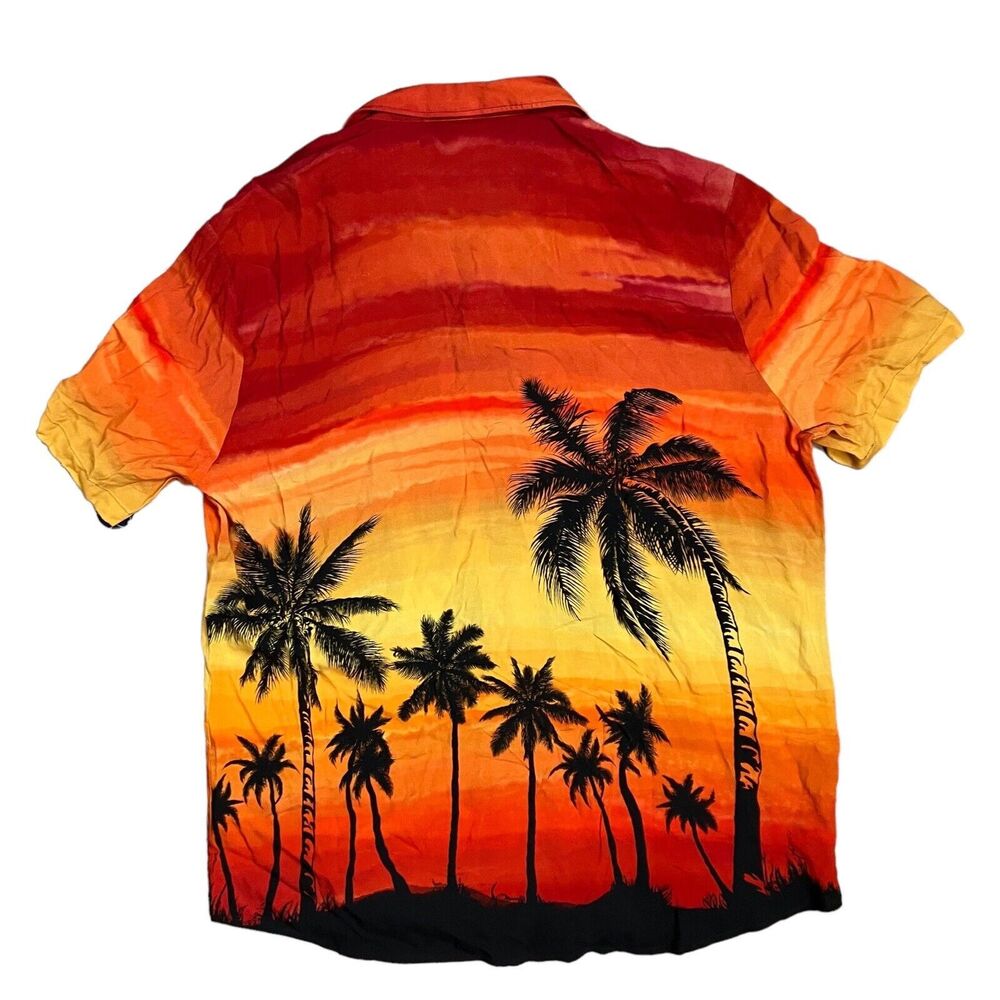 HUGO BOSS SHIRT MENS XL RED ELLINO HAWAIIAN SUNSET PALM TREES TROPICAL YELLOW - Picture 7 of 9